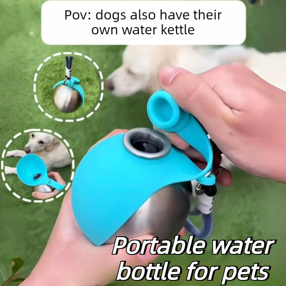Stainless Steel Dog Water Bottle with Silicone Bowl – 285ml Leakproof