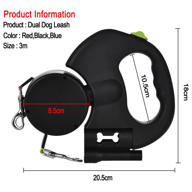 Retractable Dual Dog Leash with LED Light – Reflective & Tangle-Free