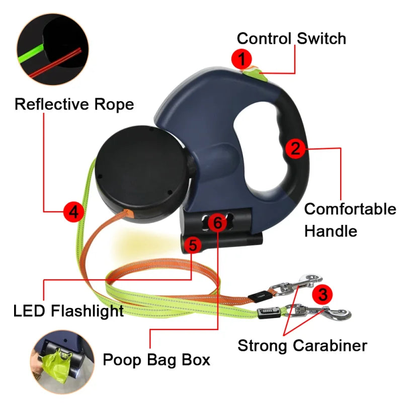 Retractable Dual Dog Leash with LED Light – Reflective & Tangle-Free